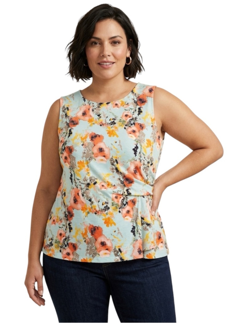Melanie Lyne Watercolour Floral Side Drape Sleeveless Top Size Xlarge